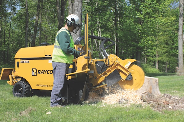 Construction worker using a yellow Rayco® stump grinder to cut down a tree stump.