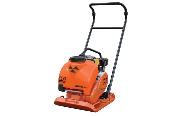 Orange MultiQuip plate compactor in front of a white background.